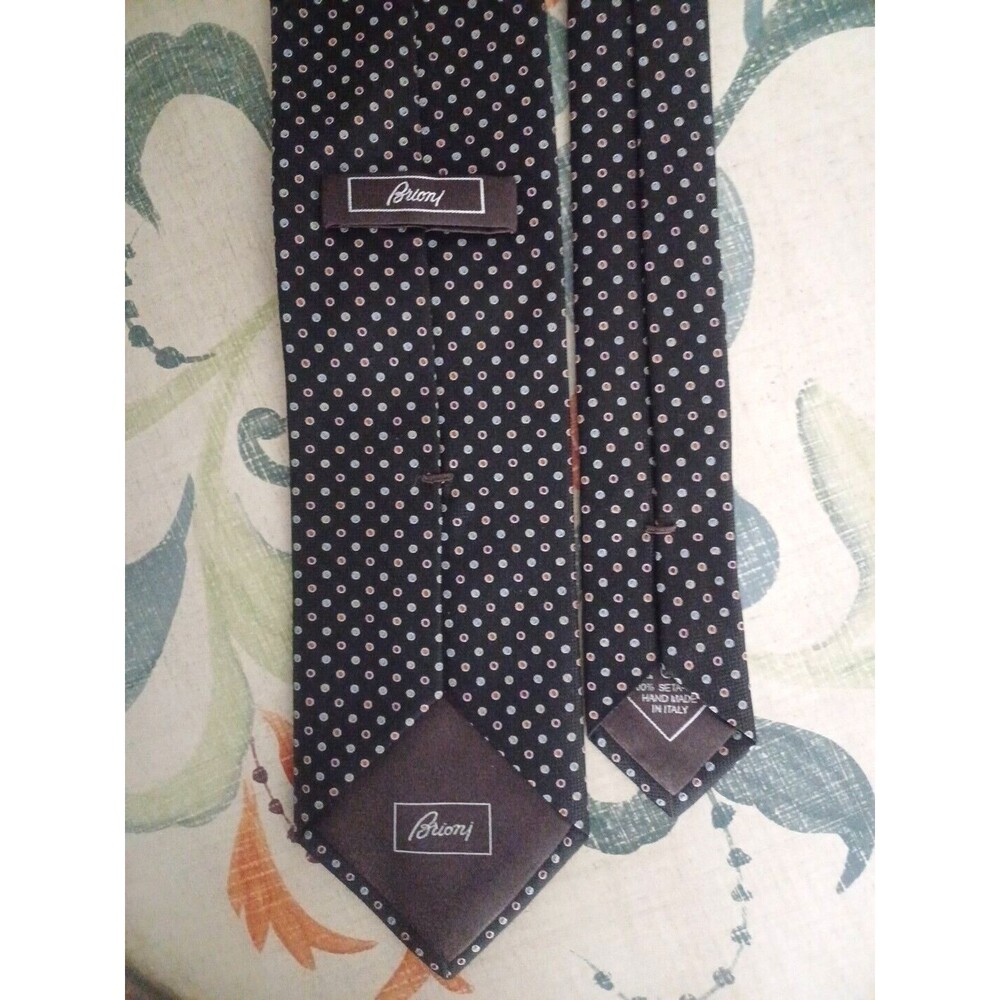 BRIONI Dark Brown Hand Made In Italy Woven Color Dots Circles Seta Silk Neck Tie - Picture 3 of 8